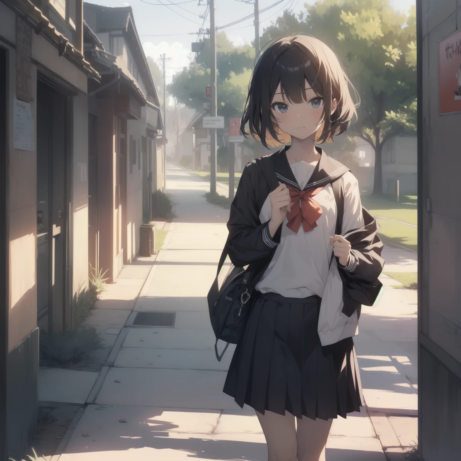 ultra-absurdres-Top quality by artist God, ultra-detailed, high resolution, anime moe artstyle, best anime 8k konachan wallpaper, pixiv contest winner, pool:2810, perfect anatomy,break, 1girl, (Please draw a girl walking sleepily to school alone. )break,(Solo,little female, 13-year-old:1.3),Full limbs, complete fingers,a junior high school student, (very short hair), short cut, flat chest, , small butt, small black eyes, beautiful detailed eyes, well-proportioned iris and pupils, expressive eyes, highres detailed hair, soft expression, salor school_uniform, sailor collar, serahuku, bow, pleated skirt,(Detailed Lighting), (Detailed background), in the School commute route. break,super detailed skin, Best cinematic lighting powered by famous artist, 8k,beauty illustration,photoshop_(medium),very aesthetic,break,((artist:yuuhagi_(amaretto-no-natsu) )), artist:clamp ,artist:carnelian ,artist:kantoku ,