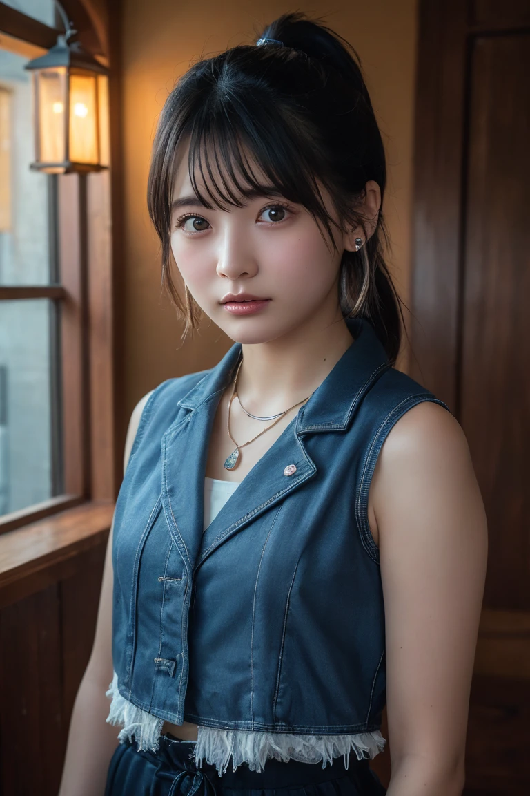 (Highest quality:1.4)，(masterpiece:1.4)，(Realistic:1.4)，(Realistic:1.2)，(超High resolution， RAW Photos:1.4)，(High resolution， Ultra-detailed:1.2)，(8k:1.2)，View your viewers，Cinematic photography，One girl，skeletally correct，Black-haired woman，(Small earrings，necklace，ponytail，Sleeveless jacket，Shorts)，（Western-style building interior，Dimly lit room，The lamplight shines on my cheeks）