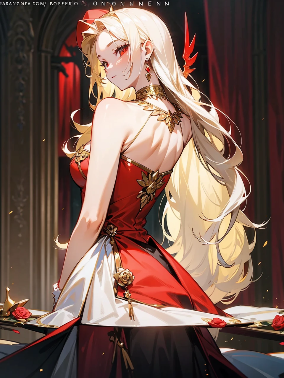 Add in roses to her dress, a good back dress design with some golden jewelry, make her dress into a red and white gown with a hat, give her some unique Jewelry, and make her look somewhat of a demonic angel like appearance to her