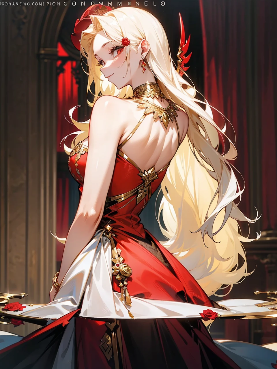 Add in roses to her dress, a good back dress design with some golden jewelry, make her dress into a red and white gown with a hat, give her some unique Jewelry, and make her look somewhat of a demonic angel like appearance to her