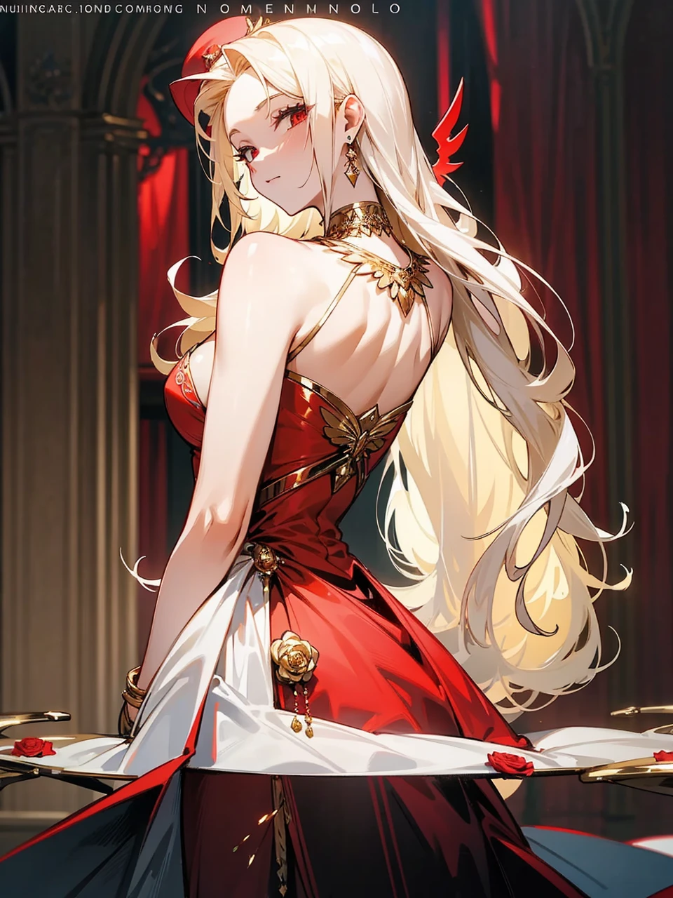 Add in roses to her dress, a good back dress design with some golden jewelry, make her dress into a red and white gown with a hat, give her some unique Jewelry, and make her look somewhat of a demonic angel like appearance to her