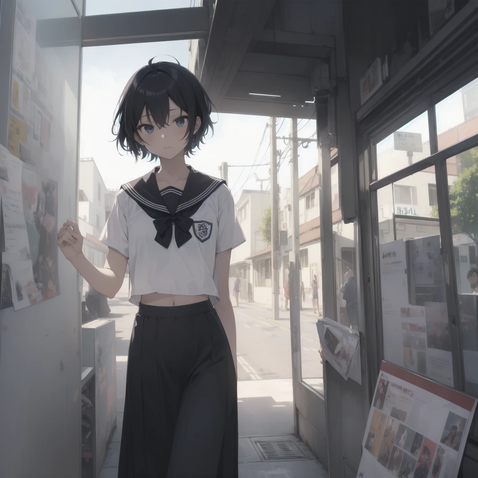 ultra-absurdres-Top quality by artist God, ultra-detailed, high resolution, anime moe artstyle, best anime 8k konachan wallpaper, pixiv contest winner, pool:2810, perfect anatomy,break, 1girl, (Please draw a girl walking sleepily to school alone. )break,(Solo,little female, 13-year-old:1.3),Full limbs, complete fingers,a junior high school student, (very short hair), short cut, flat chest, , small butt, small black eyes, beautiful detailed eyes, well-proportioned iris and pupils, expressive eyes, highres detailed hair, soft expression, salor school_uniform, sailor collar, serahuku, bow, pleated skirt,(Detailed Lighting), (Detailed background), in the School commute route. break,super detailed skin, Best cinematic lighting powered by famous artist, 8k,beauty illustration,photoshop_(medium),very aesthetic,break,((artist:yuuhagi_(amaretto-no-natsu) )), artist:clamp ,artist:carnelian ,artist:kantoku ,