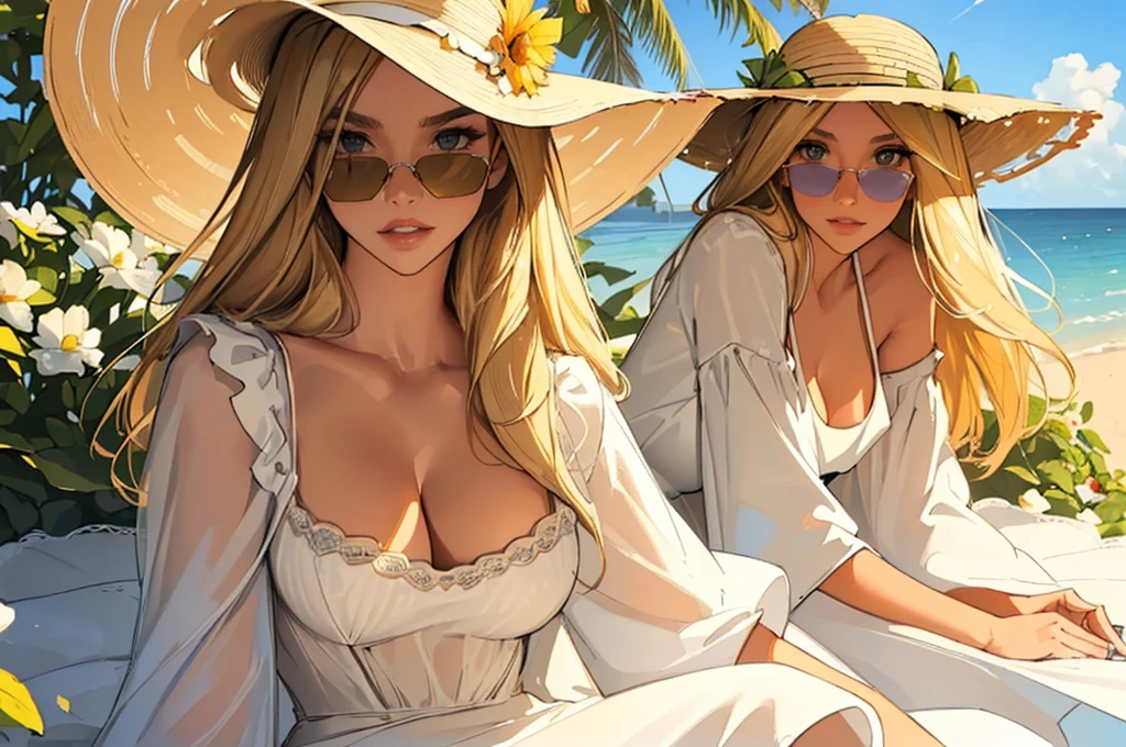 (best quality: 1.2), clean face, (masterpiece: 1.2, 8k) perfect anatomy, 1girl,a beautiful fashion model ,(masterpiece, official art, best quality  shiny hair, blonde hair with streaks in hair, full lips,  big breasts, slutty outfit, cleavage, shiny skin, looking at viewer, (sun dress, sun hat, sun glasses), long abdomen