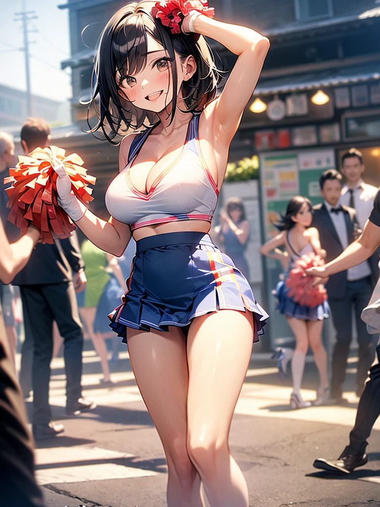 Ultra detailed, ultra quality, detailed eye, perfect quality, 4k, Hd, 
 busy city, crowd, 1girl, pink Cheerleaders costume, masturbation, random hair style, black hair, red eye, Multicolored hair, micro skirt, no panties, squirt peeing,  exposed, cheering with lewd smiling face, blush face. open leg pose, squat and legs wide open, black thigh-high socks, thigh gap, shiny skin, shiny body, wet body, big areola, thic areola, big breastbreast, mature body.