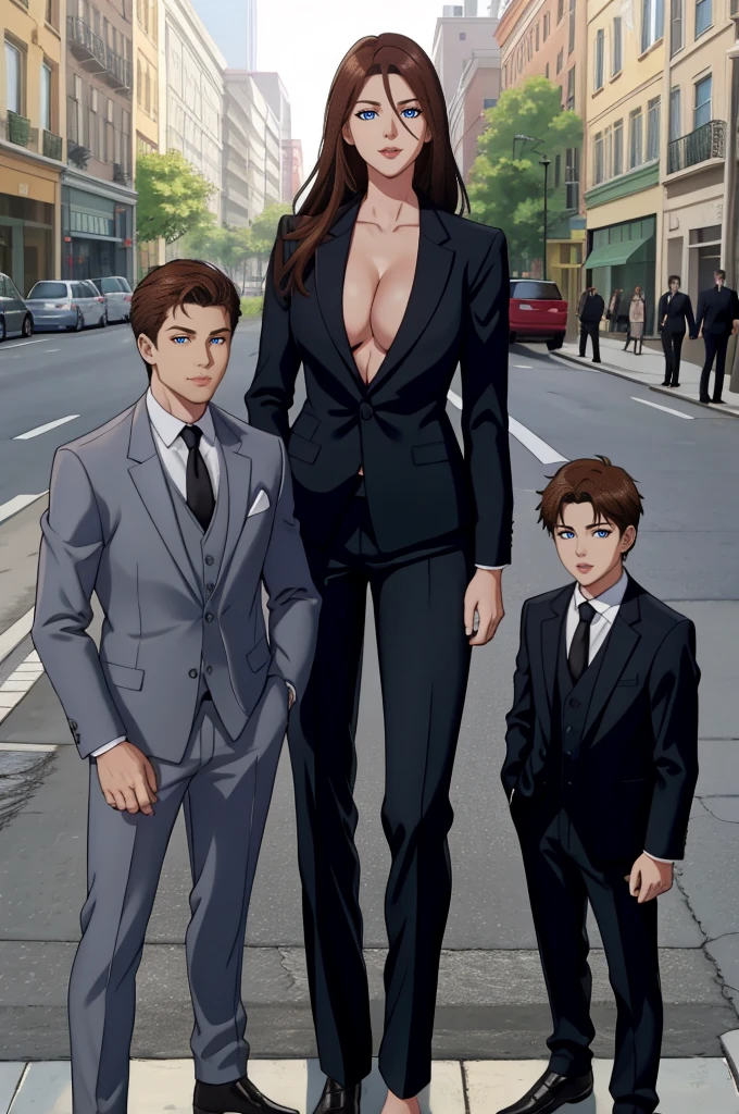 Tall wife in the middle, short husband in the left, short son in the right, beautiful faces, wife is wearing suit and pants, wife has big , wife is showing cleavage, wife is ripped, wife's suit has a belly button cutout, wife has ripped visible abs, make the girls even more taller than the boys, boys are very thin and weak, boys wearing suit and pants, wife is standing barefoot, boys are wearing office shoes