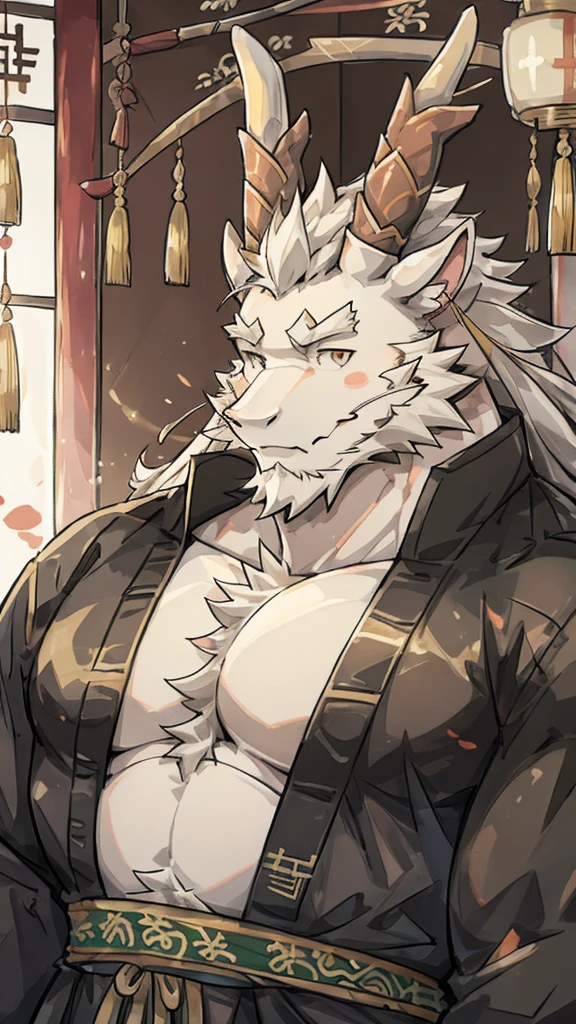 (white eastern dragon),furry,white mustache,big pecs,hearty males,muscular,black imperial robe,naked,adult,traditional_chinese_room,head portrait,hypnosis