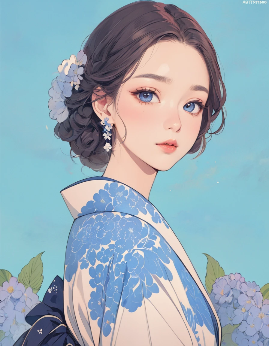 A woman in a blue and white dress with flowers in her hair, Beautiful artwork illustration, Beautiful digital illustrations, Digital anime illustration, Exquisite digital illustrations, Trending on artstration, Anime-style illustrations, Cute and detailed digital art, Japanese art style, Soft anime illustration, Cute art style, Beautiful anime art style, Amazing digital illustrations, Beautiful anime portraits
