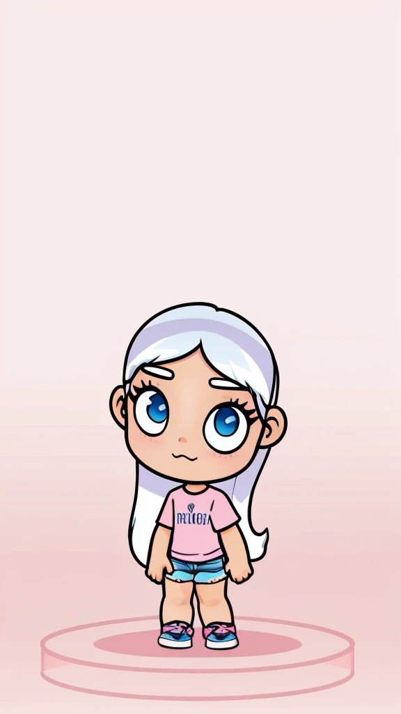 As given in the picture Make real life look alike of Standing Cute Girl 8-10 th Blue eye white long hair,  (pretty is written on her pink tshirt) very short blue jeans and black shoes with white line stripe on the sides .