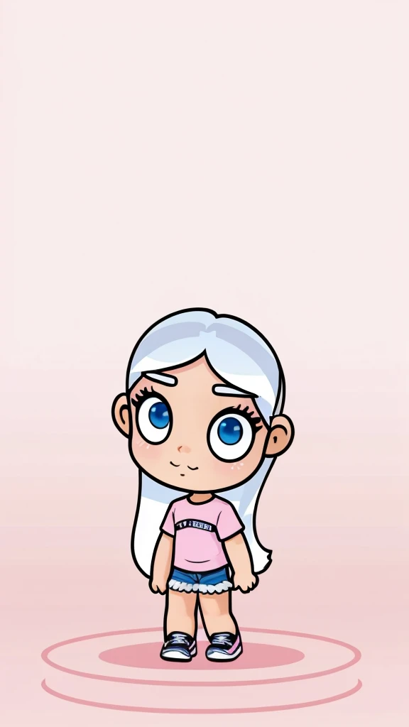 As given in the picture Make real life look alike of Standing Cute Girl age8-10 years with Blue eye white long hair, (pretty is written on her pink tshirt) very short blue jeans and black shoes with white line stripe on the sides .