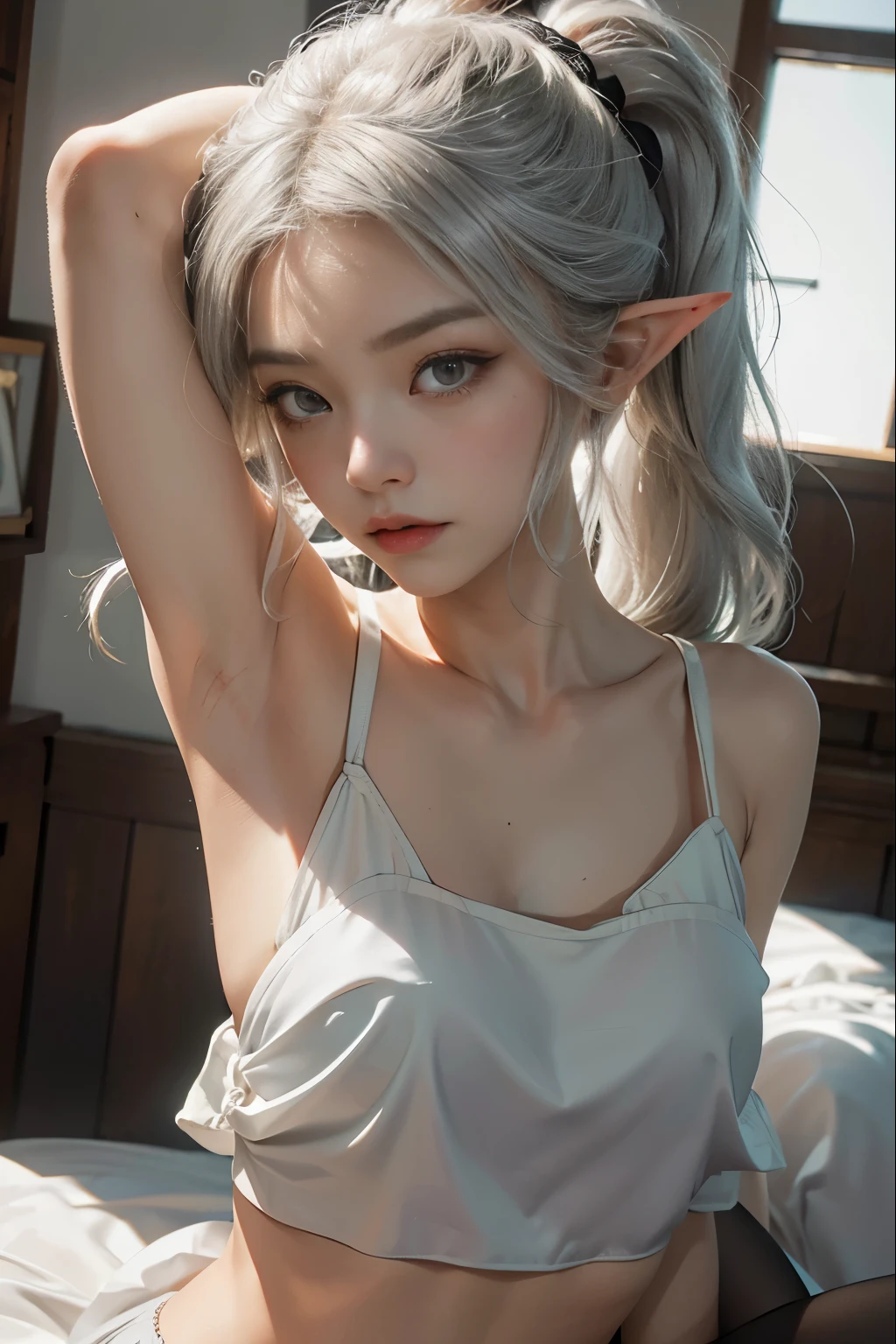 (Extremely normal body:2.0)Japanese-style town:1 Elf beauty,JK ,(Elf long ears),Short silver-white hair,Half-tied ponytail。,Stretch your feet,Black short stockings,Black socks, Black socks,Translucent black socks,Jade foot,soles of feet,Normal feet , very detailed eyes and faces, Sharp pupils, realistic pupil, tack sharp focus, cinmatic lighting,full bodyesbian,Bigboobs,long leges,From the front side,dynamicposes,Normal posture,closeup of face