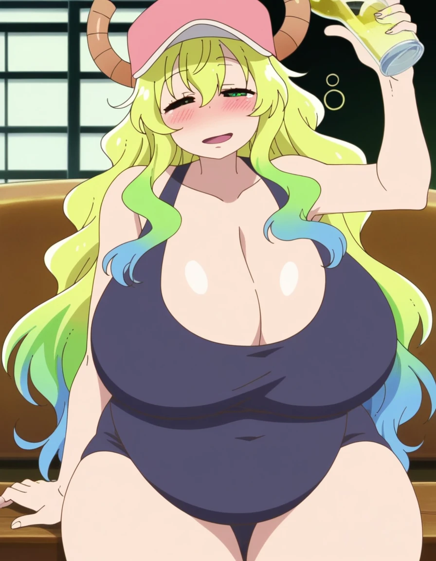 highest quality, High resolution, 1 girl, (huge breasts:1.4), Lucoa, closed my eyes, long hair, colorful hair, smile, green hair, blonde hair, (dragon horn), dragon girl, gradient hair, blush, pink hat,wavy hair, Spoken Mind:1.2),(((full nude))),(((naked))), thighs, between the legs, big breasts, nipple, open your mouth, blush, i breathe, Sweat, NSFW),(((sex 1.7))),