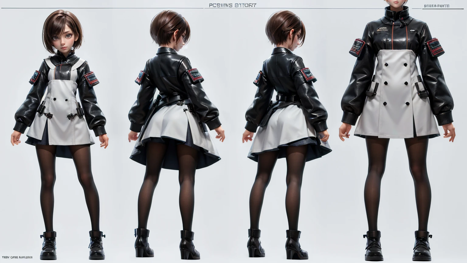 cute girl in a short gaming dress , short hairs, , full straight standing pose, student, Character Sheet, Full body, Simple white background, character reference sheet, Concept art, design sheet, HD, 4k