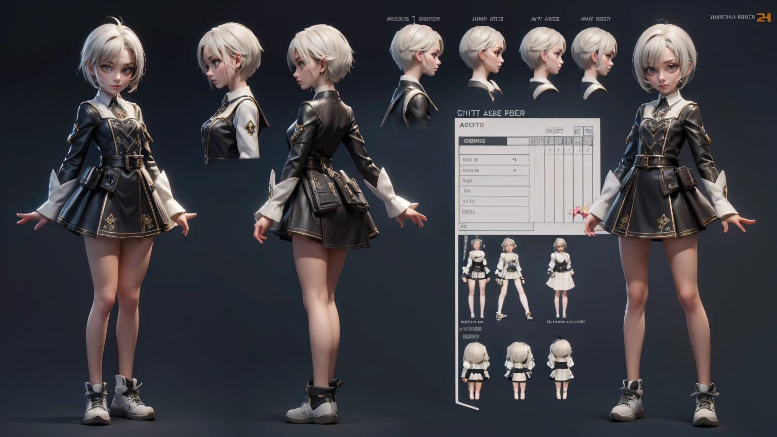 cute girl in a short gaming dress , short hairs, , full straight standing pose, ************, Character Sheet, Full body, Simple white background, character reference sheet, Concept art, design sheet, HD, 4k