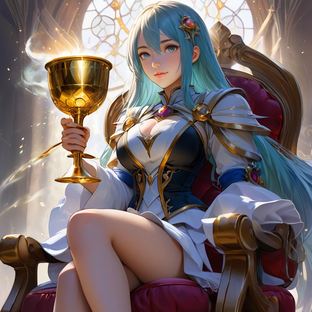 anime girl sitting in chair with a golden chalice in hand, alchemist girl, light novel cover art, official art, epic light novel art cover, official artwork, epic light novel cover art, , isekai, small curvy , cushart krenz, cushart, cushart krenz key art feminine, shadowverse style, moe