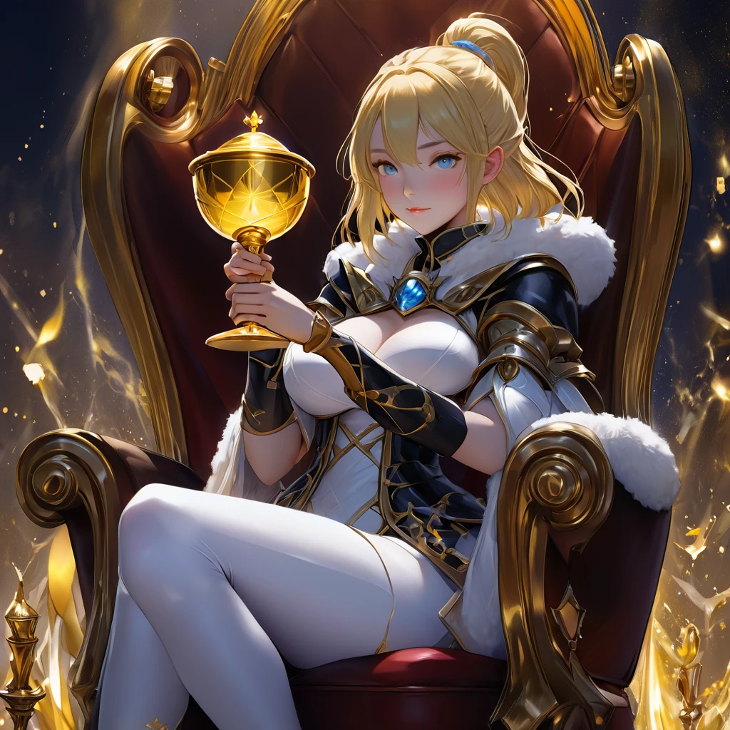 anime girl sitting in chair with a golden chalice in hand, alchemist girl, light novel cover art, official art, epic light novel art cover, official artwork, epic light novel cover art, , isekai, small curvy , cushart krenz, cushart, cushart krenz key art feminine, shadowverse style, moe