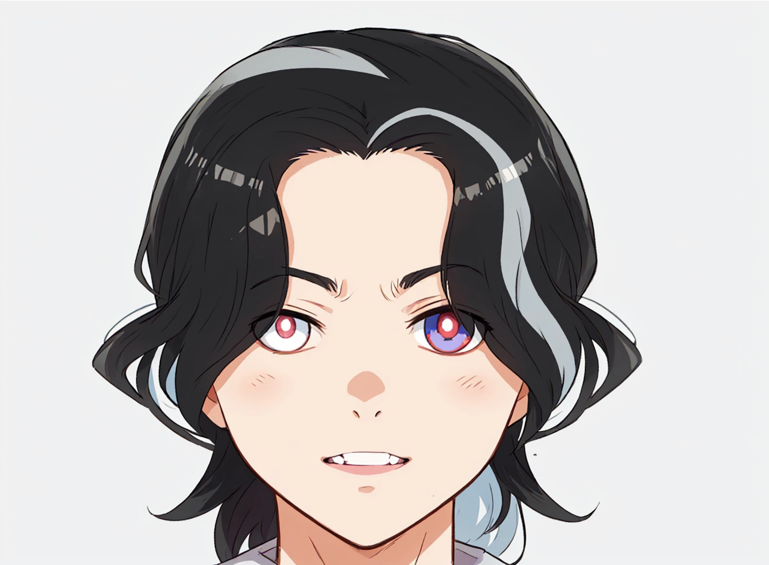 Chibi anime style illustration of a 25-year-old male character, front-facing portrait, inspired by Demon Slayer. He has black hair with a few white streaks, white spots on his skin, and heterochromatic eyes: the right eye is white and the left eye is black. The character should have the distinct chibi proportions and expressive features typical of Demon Slayer's chibi transformations, with only the head draw