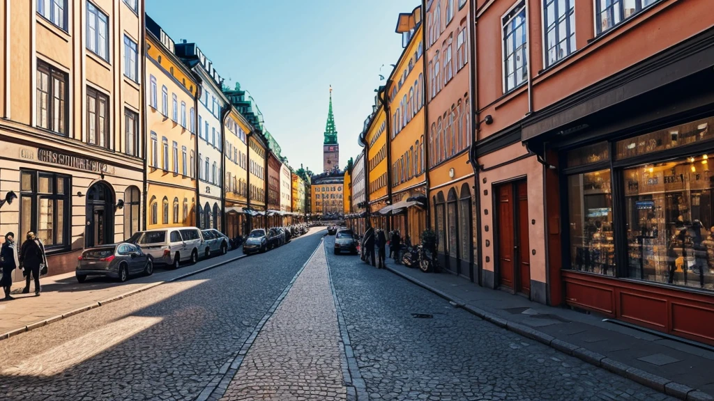 illustration of stockholm as seen from street level. Camera View should be in the middle of the city from a sidewalk.