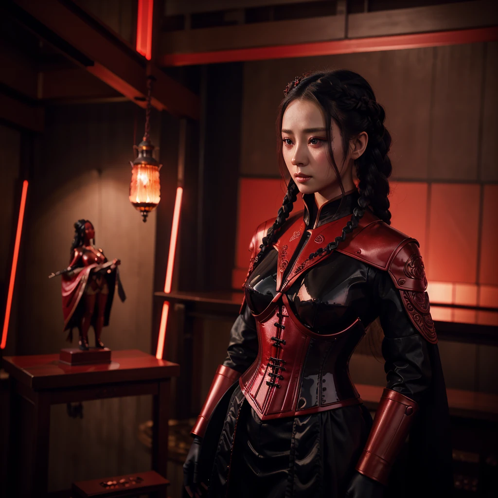araffe woman in red corset with red lights in background, jingna zhang, dollfie dream, elaborate long black hairstyle, river flowing beside the robot, grieving. intricate, resin statue, dark light night braided hair, dressed as a queen, anime asthetic, fan bingbing, inspired by Wang Meng