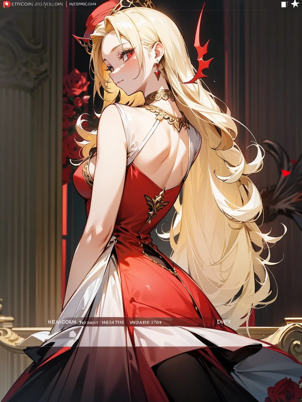 Add in roses to her dress, a good back dress design with some golden jewelry, make her dress into a red and white gown with a hat, give her some unique Jewelry, and make her look somewhat of a demonic angel like appearance to her