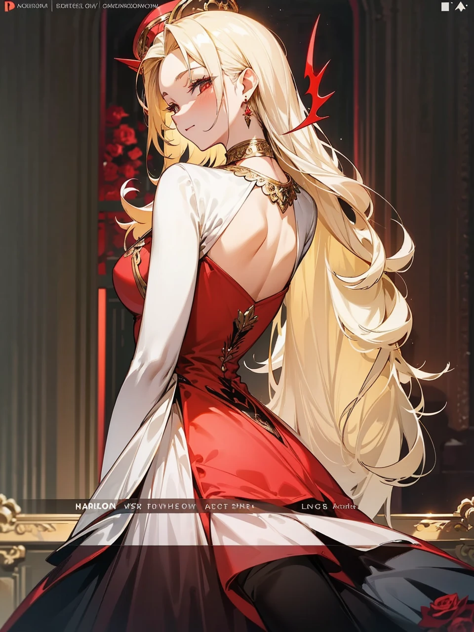 Add in roses to her dress, a good back dress design with some golden jewelry, make her dress into a red and white gown with a hat, give her some unique Jewelry, and make her look somewhat of a demonic angel like appearance to her