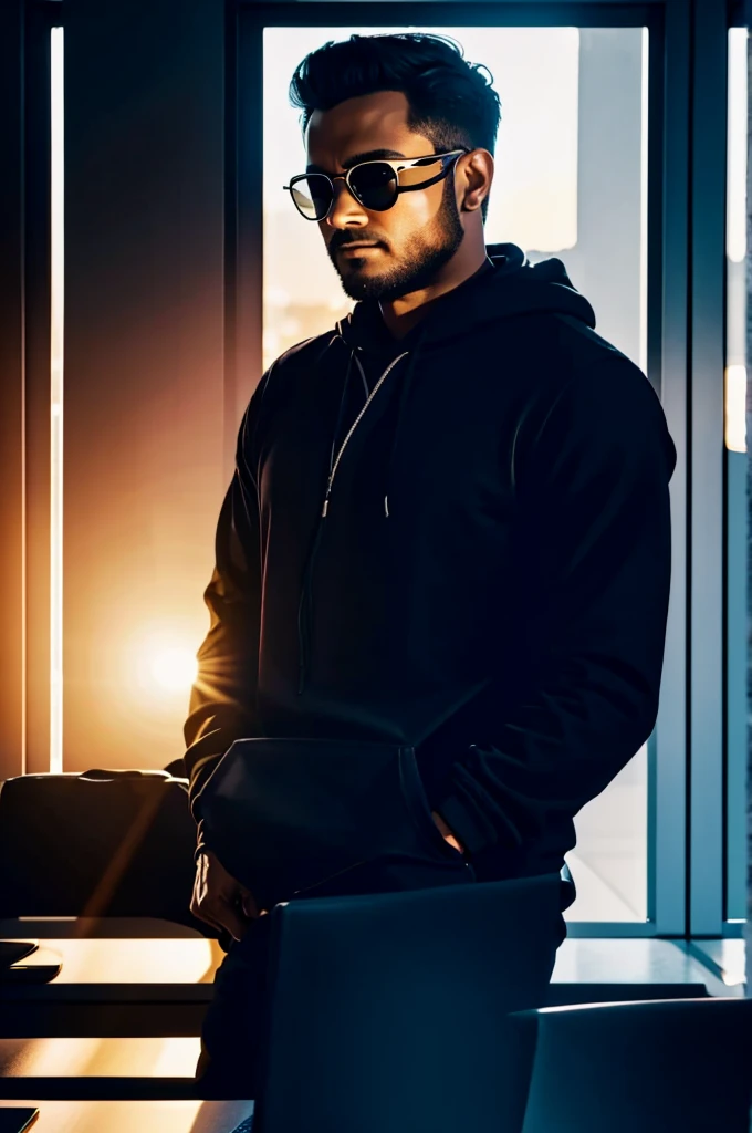 ANIME FRIENDLY LOOKING MALE BUSINESS CHARACTER WHO IS WEARING A BLACK FACE MASK, A black HOODIE AND SUNGLASSES. HE IS SITTING BEHIND HIS LAPTOP IN HIS OFFICE, ARMS ON HIS DESK. IT IS NIGHT. THE ROOM HAS VOLUMETRIC
LIGHTING. HE IS FRONT FACING TO THE CAMERA, LOOKING STRAICHT AND CENTERED, CENTRAL PORTRAIT, SITTING STRAIGHT, FRONT VIEW, CENTERED LOOKING STRAIGHT. THE OVERALL AMBIANCE OF THE IMAGE SHOULD CONVEY A CONNECTION TO MINIMALISM, FLAT ILLUSTRATION, BOLD LINE, MINIMALISM, SIMPLIFIED, GOUACHE ILLUSTRATION. 8K RESOLUTION