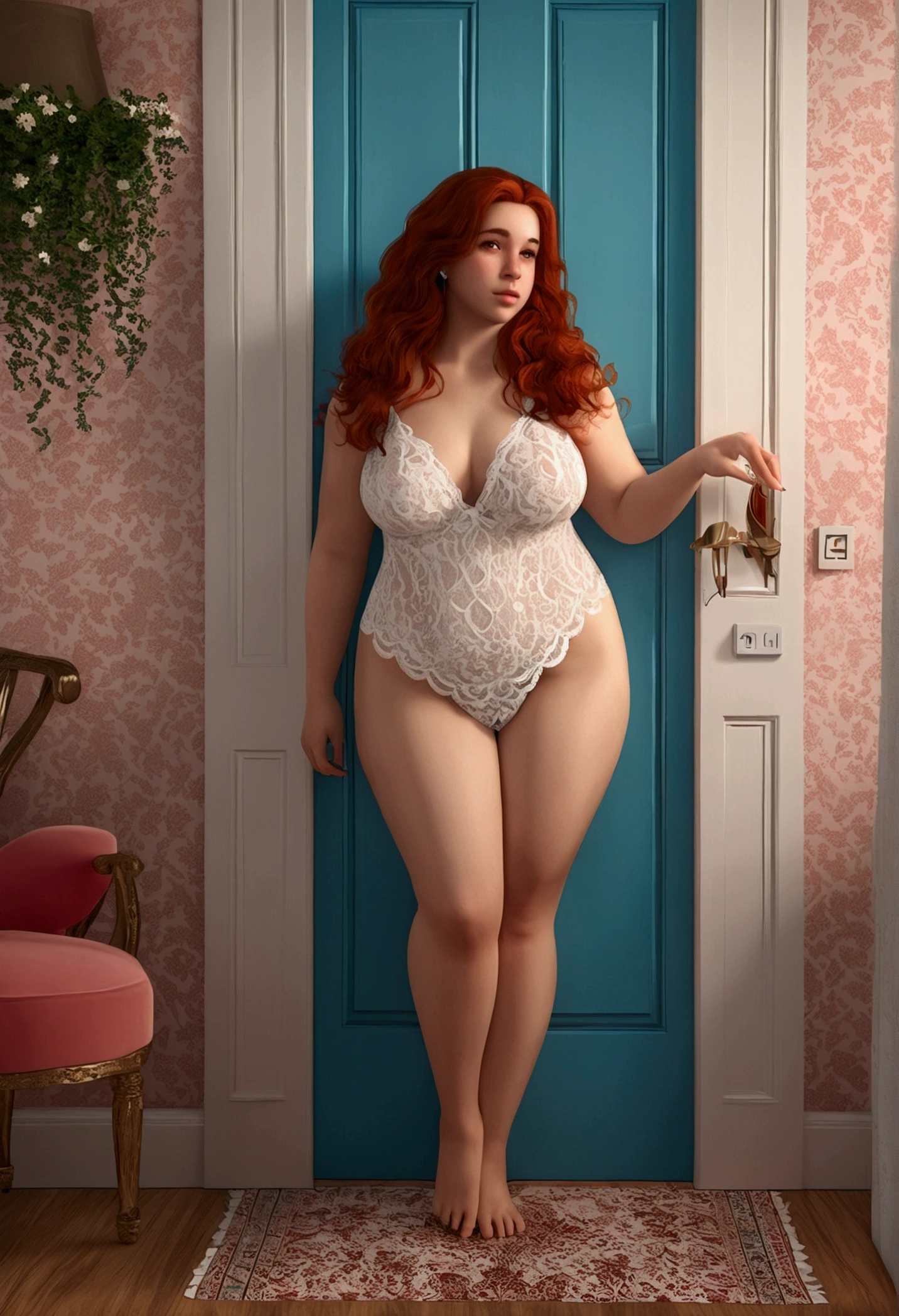 There is a cartoon bbw nude, on all fours with a greedy anus, , (high detail skin: 1.2), 8k uhd, dslr, smooth light, high qualiy, volumetric lighting, peek, photoshot, high resolution, 4K, 8k, background bokeh A red-haired girl, (Red hair) innocent appearance, no-makeup, wearing a transparent white, lace camisole, Panas, realisitic sfw proportions, opening the door to her house, character in his natural pose, sweet pose, best qualityer, high resolution, skin definition, skin detailed, detailedeyes, face detailed, (caucasiano: 1.5), realisitic, ((AV model)), 4K, 8k, (pPanasorealisitic: 1.5), scenario we see a room, com carpete, lamp and sofa, during daytime, light dinner, cool colours