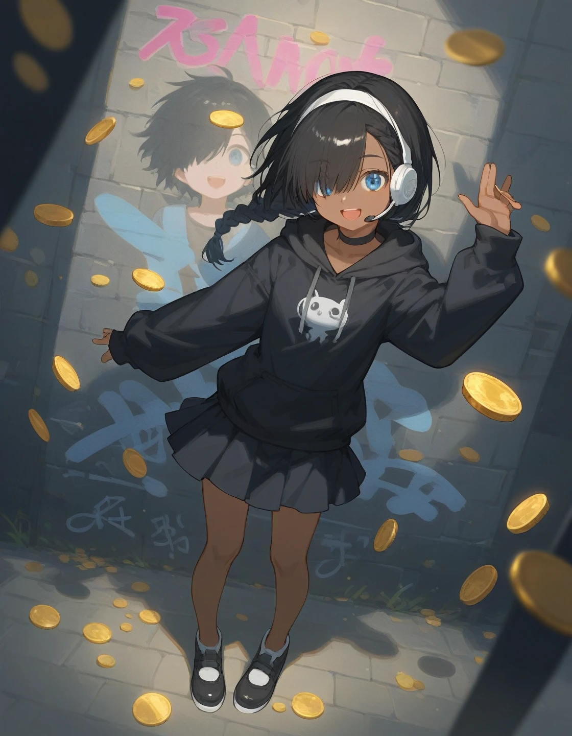 best quality, coins, wonderland, wind, dynamic angle, looking at viewer, kawaii, promotional art, standing score_9, score_8_up, score_7_up,1girl, :d, dark skin, blue eyes, black hair, braid, choker, hair over one eye, hairband, long sleeves, looking at viewer, open mouth, black hoodie, skirt, headset, smile, listening to music, solo, white hairband, black skirt, busy futuristic street, night, graffiti on wall, full body picture.