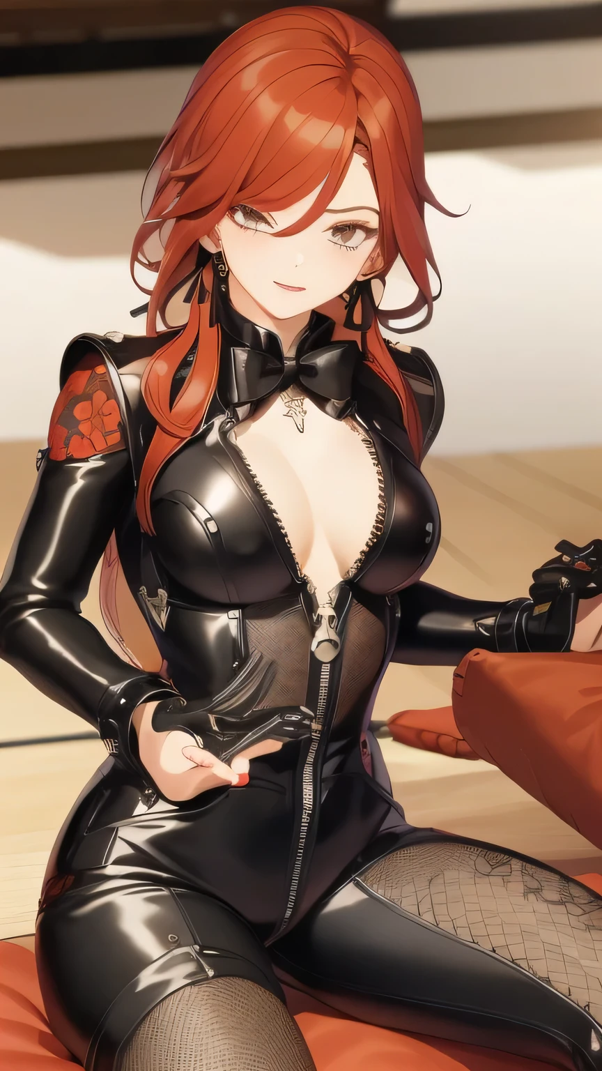 In the Rec Room, my The Almighty girl (, Red hair,Small Breasts,) Sitting on a stuffed animal, Leather jumpsuit (Bow and line, Ribbon, Floral) Happy moments, , The Almighty , Black fishnet tights , There are some traditional Japanese tattoos