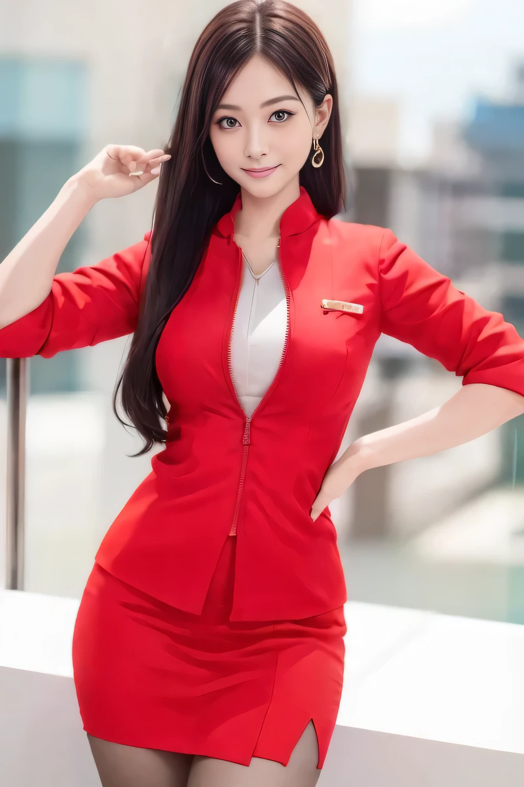 (masterpiece:1.2, Highest quality:1.2), 32k HDR, High resolution, (alone, 1 Girl), （AirAsia stewardess uniform realistic style）, A proper woman, Beautiful Face, Brown Hair, (Long hair down to the legs), (Red jacket:1.1, Unzipped jacket, Unbuttoned white shirt:1.05, Red mini skirt:1.1, pantyhose),（Showing big  through cleavage in unbuttoned white shirt）、（long hair that reaches down to the legs）、Perfect slim body:1.1, Huge breasts, huge breasts cleavage, Detailed skin texture, Beautiful Eyes, (Attractive look:1.2), necklace、Earrings、(forward leaning posture:1.5）, On the roof of a building, Rooftop at daytime,Blue eyes、Hands should be lowered