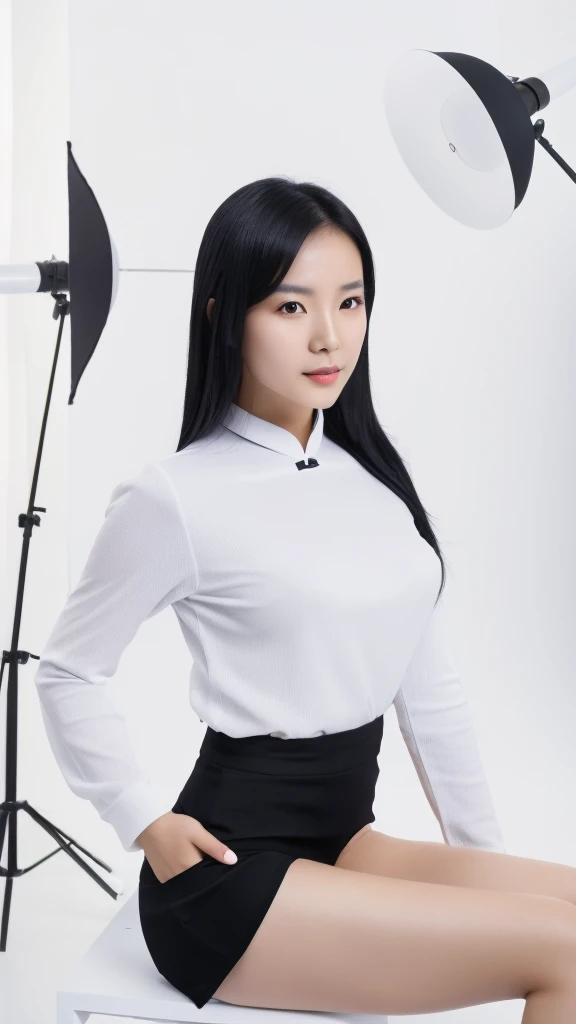 Beautiful Chinese girl, mid-30s, fair skin colour, with black hair, and white clothes. Pose like a model. White background, bright ambience. Model photoshoot, Studio lighting, Beauty photoshoot, 8K resolutions, super realistic skin.