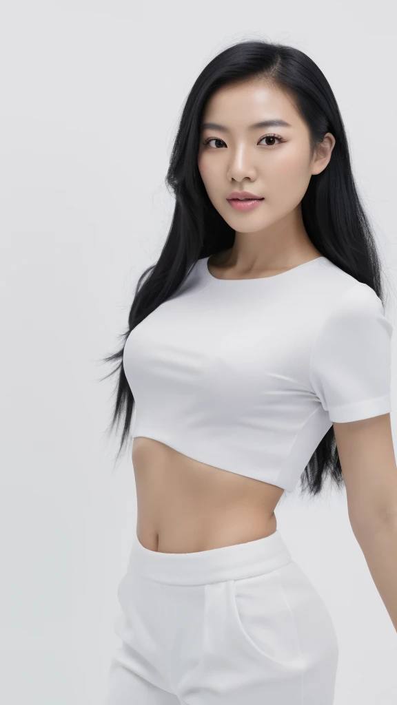 Beautiful Chinese girl, mid-30s, fair skin colour, with black hair, and white clothes. Pose like a model. White background, bright ambience. Model photoshoot, Studio lighting, Beauty photoshoot, 8K resolutions, super realistic skin.