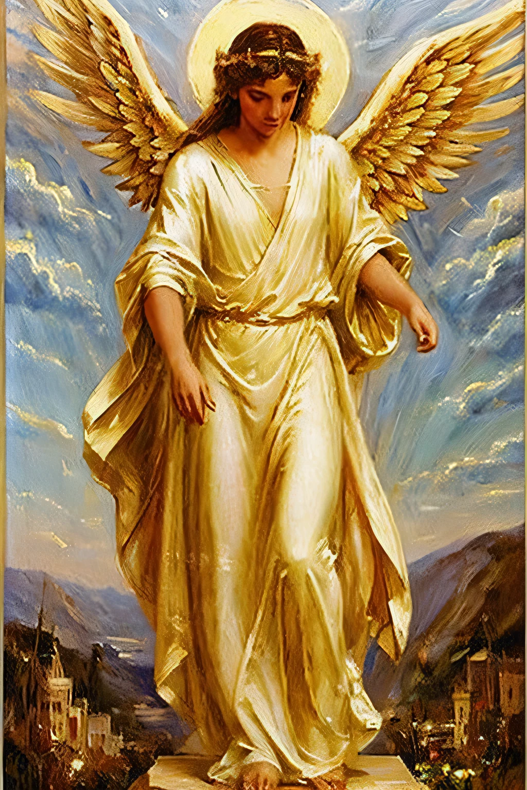 angel name michael, flying in heaven,shining armor, big golden wings, greece painting style, high detail, full body