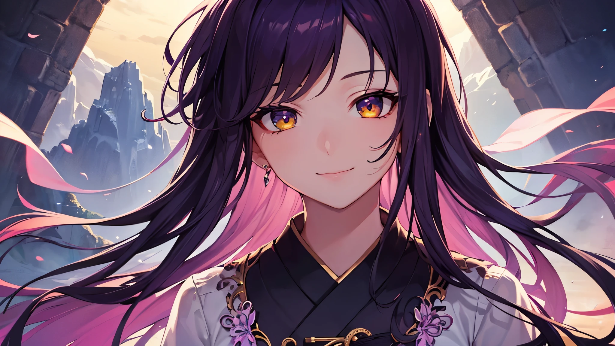 Highest quality, 8k, 4K, High resolution, High Contrast,1girl,only,Beautiful dark purple hair,(Beautifully detailed face), Yellow clear eyes, beautiful eyes, A gentle expression of love, smile, Moderate bust, 20generation, Wearing an amethyst, Deep purple gemstone, Based on purple, Detailed and beautiful natural scenery, Noble Japanese Clothing