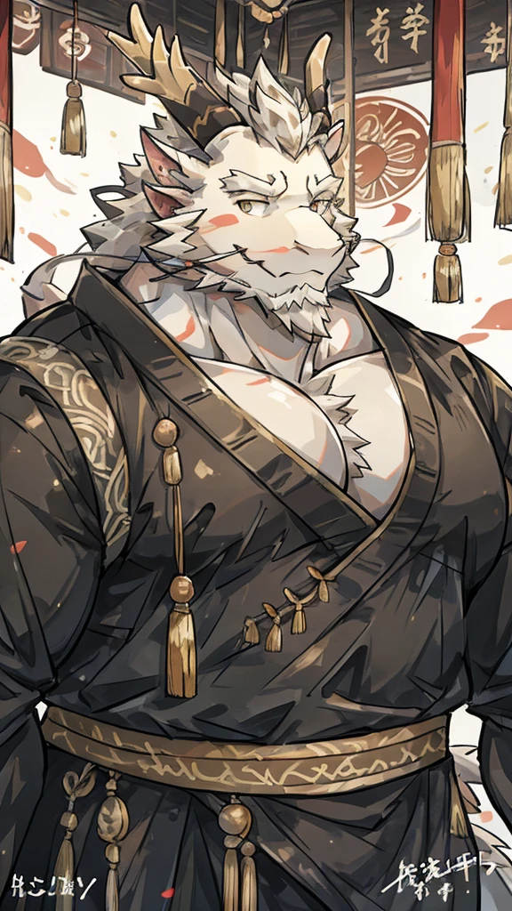 (white eastern dragon),furry,white mustache,big pecs,hearty males,muscular,black imperial robe,naked,adult,traditional_chinese_room,head portrait,hypnosis