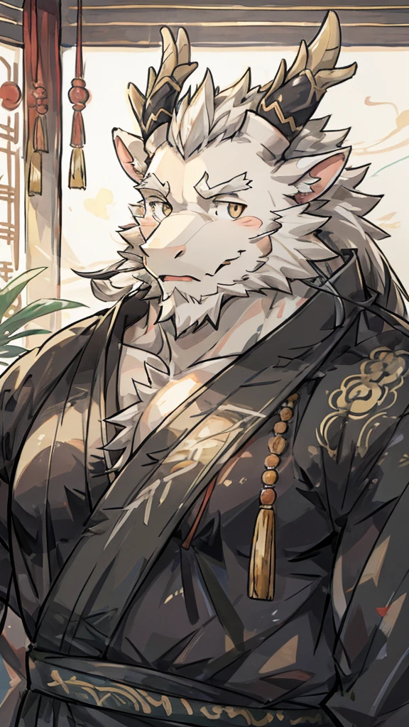 (white eastern dragon),furry,white mustache,big pecs,hearty males,muscular,black imperial robe,naked,adult,traditional_chinese_room,head portrait,hypnosis