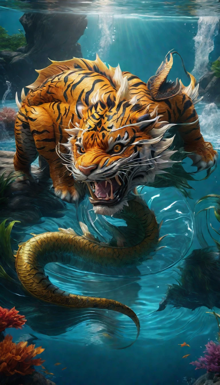 There is a creature in the water，A combination of tiger and dragon(best quality，4K，8k，High level，masterpiece：1.2），Ultra Detailed，（lifelike，Photo real，Photo real：1.37），Highly detailed animals，Complex patterns，Realistic lighting，Fantasy Creatures