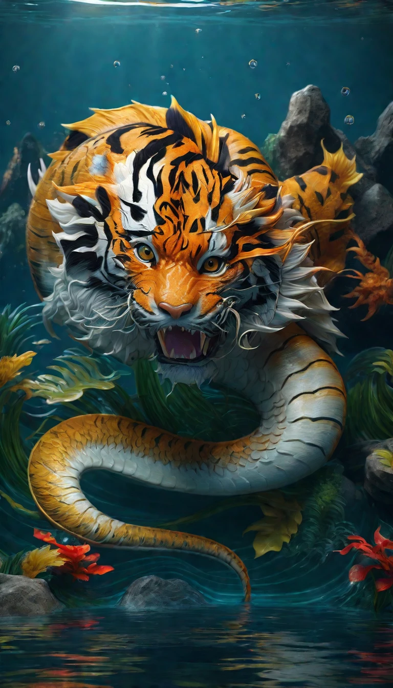 There is a creature in the water,A combination of tiger and dragon(best quality,4K,8k,High level,masterpiece:1.2),Ultra Detailed,(lifelike,Photo real,Photo real:1.37),Highly detailed animals,Complex patterns,Realistic lighting,Fantasy Creatures