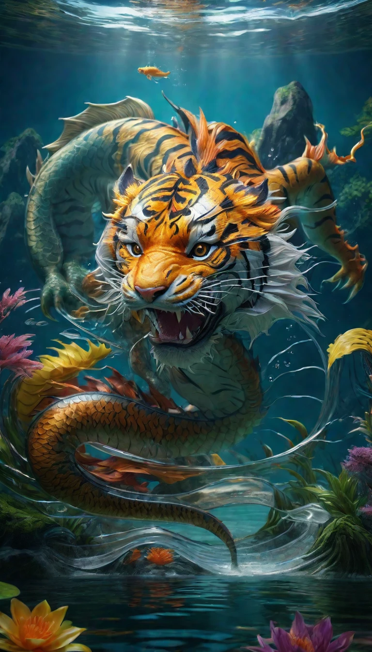 There is a creature in the water，A combination of tiger and dragon(best quality，4K，8k，High level，masterpiece：1.2），Ultra Detailed，（lifelike，Photo real，Photo real：1.37），Highly detailed animals，Complex patterns，Realistic lighting，Fantasy Creatures