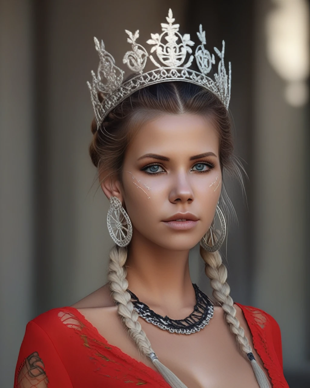 octane render, hdr, 8k render wallpaper, (hyperdetailed), full body shot of a beautiful woman with (black make-up), (red blouse with laceaccents) , (long braided ash and dirty blonde hair), (hair ornament which is a tall silver flowered tiara, silver loop earrings), in a modern day world, ultra detailed pale green eyes, (best quality, ultra highres, ultra-detailed), portrait, detailed skin, looking at viewer,