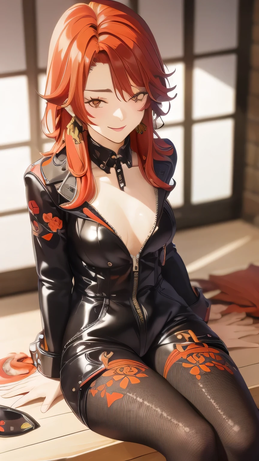 In the Rec Room, my The Almighty girl (, Red hair,Small Breasts,) Sitting on a stuffed animal, Leather jumpsuit (Bow and line, Ribbon, Floral) Happy moments, , The Almighty , Black fishnet tights , There are some traditional Japanese tattoos
