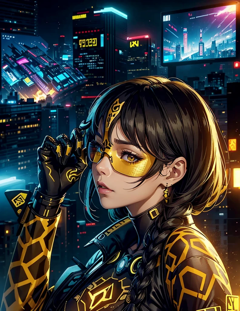 a (giraffe pattern outfit) yellow and black outfit,sword,beautiful cyberpunk woman,cyberpunk angry gorgeous goddess,beautiful cyborg girl ,hyper realistic,intricate details,cinematic lighting,vibrant colors,award winning,stunning,masterpiece