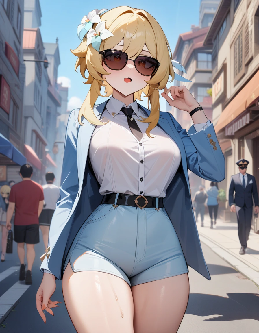 1girl, lumine \(genshin impact\), genshin impact,officer,perfect Sunglasses, suit,cool,city street,masterpiece,very aesthetic,newest,sensitive