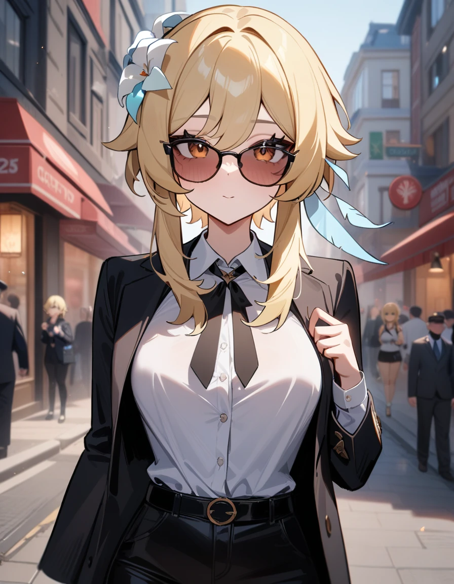 1girl, lumine \(genshin impact\), genshin impact,officer,perfect Sunglasses, suit,cool,city street,masterpiece,very aesthetic,newest,sensitive
