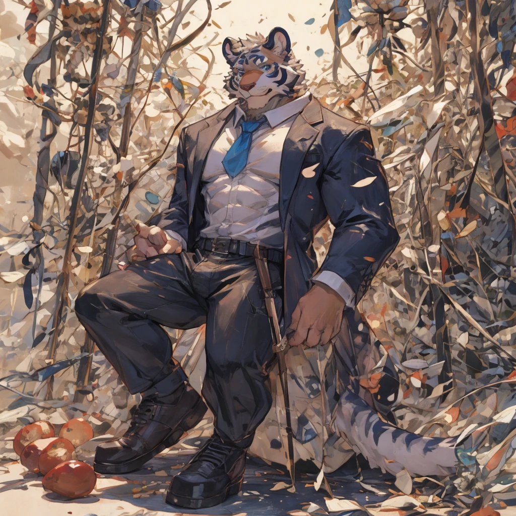 {{bara extremely handsome white tiger,}} {{white fur,}} white, professional model like, wearing elegant ornate suit jacket, trousers, white dress shirt and necktie, white fluffy furry body and limbs, loafers, very tall, very broad shoulders, narrow waist, muscular arms, massive pecs, purple eyes, very long legs, massive bulge, sophisticated hot look, 3/4 view, best quality, high detail, CG image, character splash art, silver earring on left ear, sultry smirk