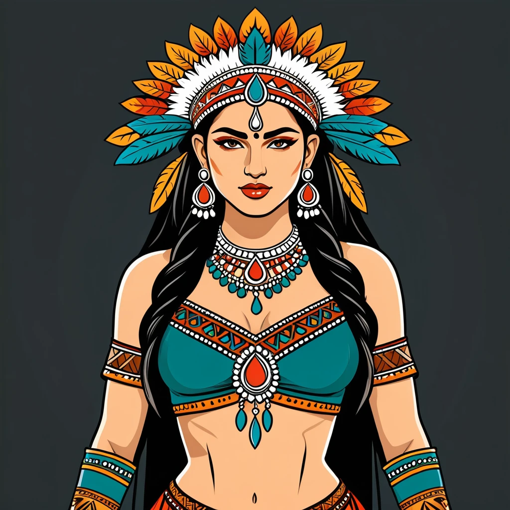 viking amazon in indian folk outfit, vector graphics, strong contours