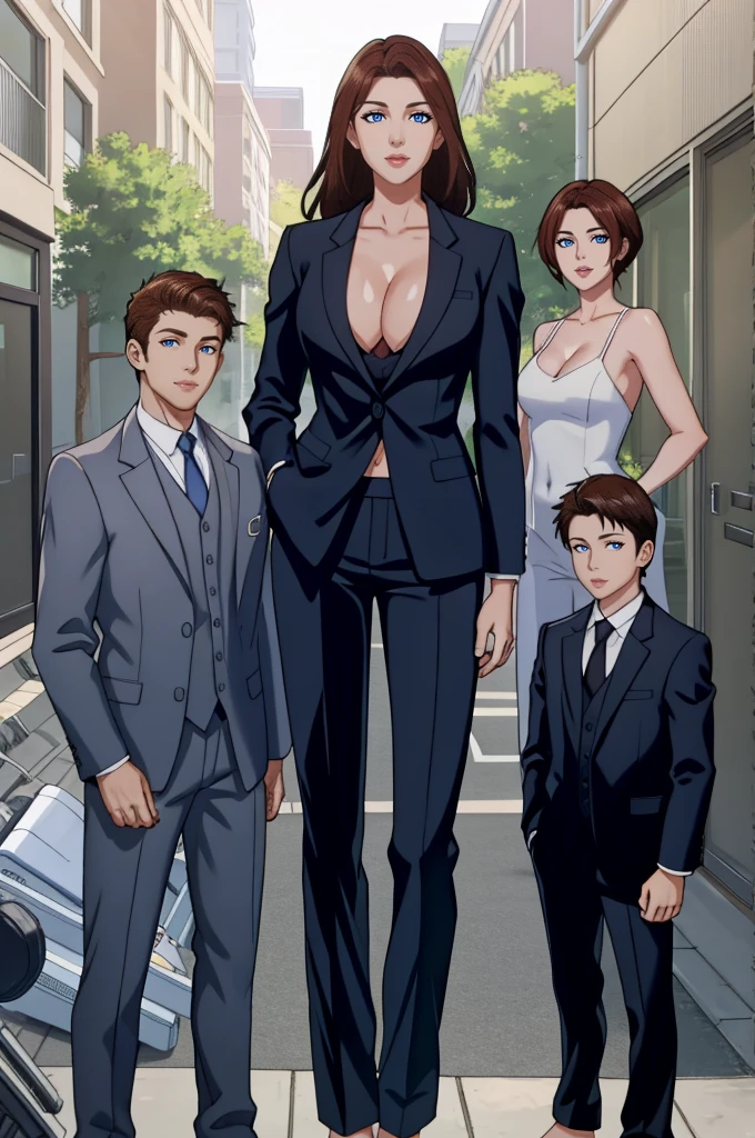 Tall wife in the middle, short husband in the left, short son in the right, beautiful faces, wife is wearing suit and pants, wife has big , wife is showing cleavage, wife is ripped, wife's suit has a belly button cutout, wife has ripped visible abs, make the girls even more taller than the boys, boys are very thin and weak, boys wearing suit and pants, wife is standing barefoot, boys are wearing office shoes