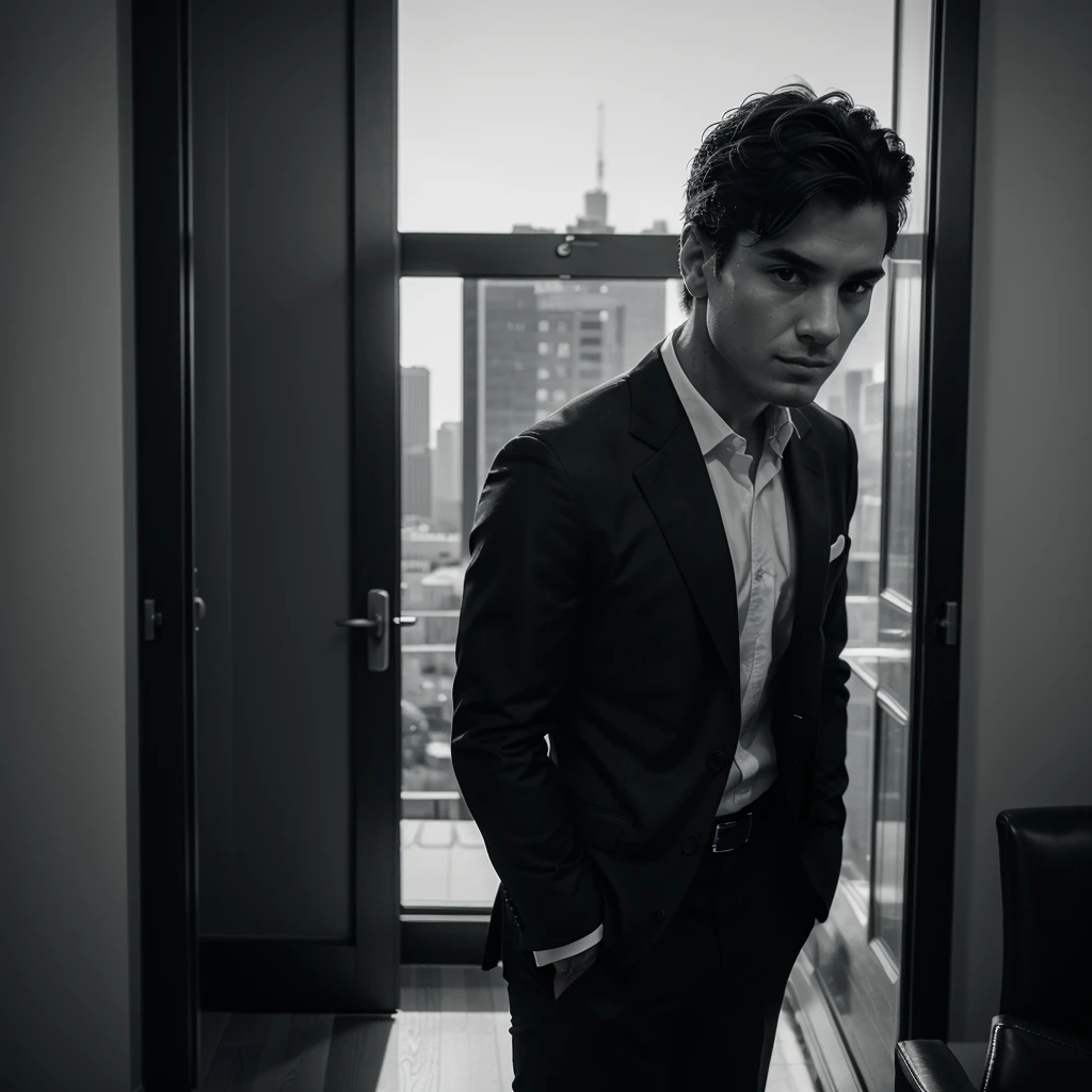/imagine prompt: An intimate portrait of a mysterious and sophisticated man who embodies both strength and vulnerability. This photograph, captured by Alejandro Rodriguez, showcases the enigmatic allure of the subject. Shot in black and white, the image exudes a timeless elegance. The lighting is low-key, casting deep shadows and highlighting the contours of the man's chiseled features. He gazes into the distance, his piercing eyes revealing a depth of emotions. His perfectly tailored suit and stylish accessories speak to his refined taste and attention to detail. In the background, hints of a bustling cityscape evoke a sense of adventure and possibility. The composition is tight, focusing solely on the subject and emphasizing his magnetic presence. The overall atmosphere is moody and introspective, capturing the essence of a man who is both captivating and elusive. This photograph is a window into the world of a man who will be the epitome of cool and will ultimately become the redeemer of the narrator's heart. Shot with a Leica M Monochrom camera, using a 50mm prime lens, at an aperture of f/1.8, ISO 400, and a shutter speed of 1/125 sec. High contrast, film noir aesthetic. Slight desaturation and rich tonal range. --ar 2:3 --v 5