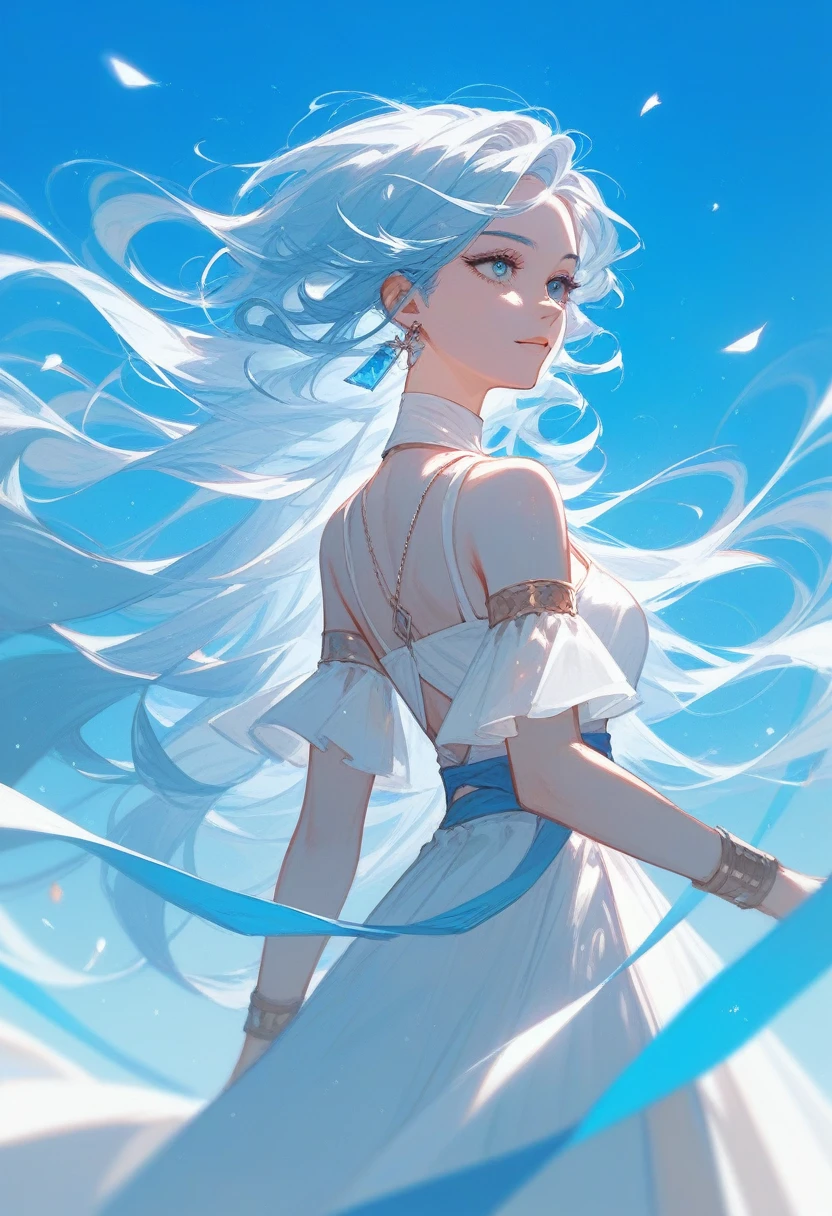 (Fraction_9,Fraction_8_Direction_7_up),1 a woman,（（（bust）））,Fengshin，Greek mythology，White clothes，Light blue hair，The ability to control the wind，Flowing hair，