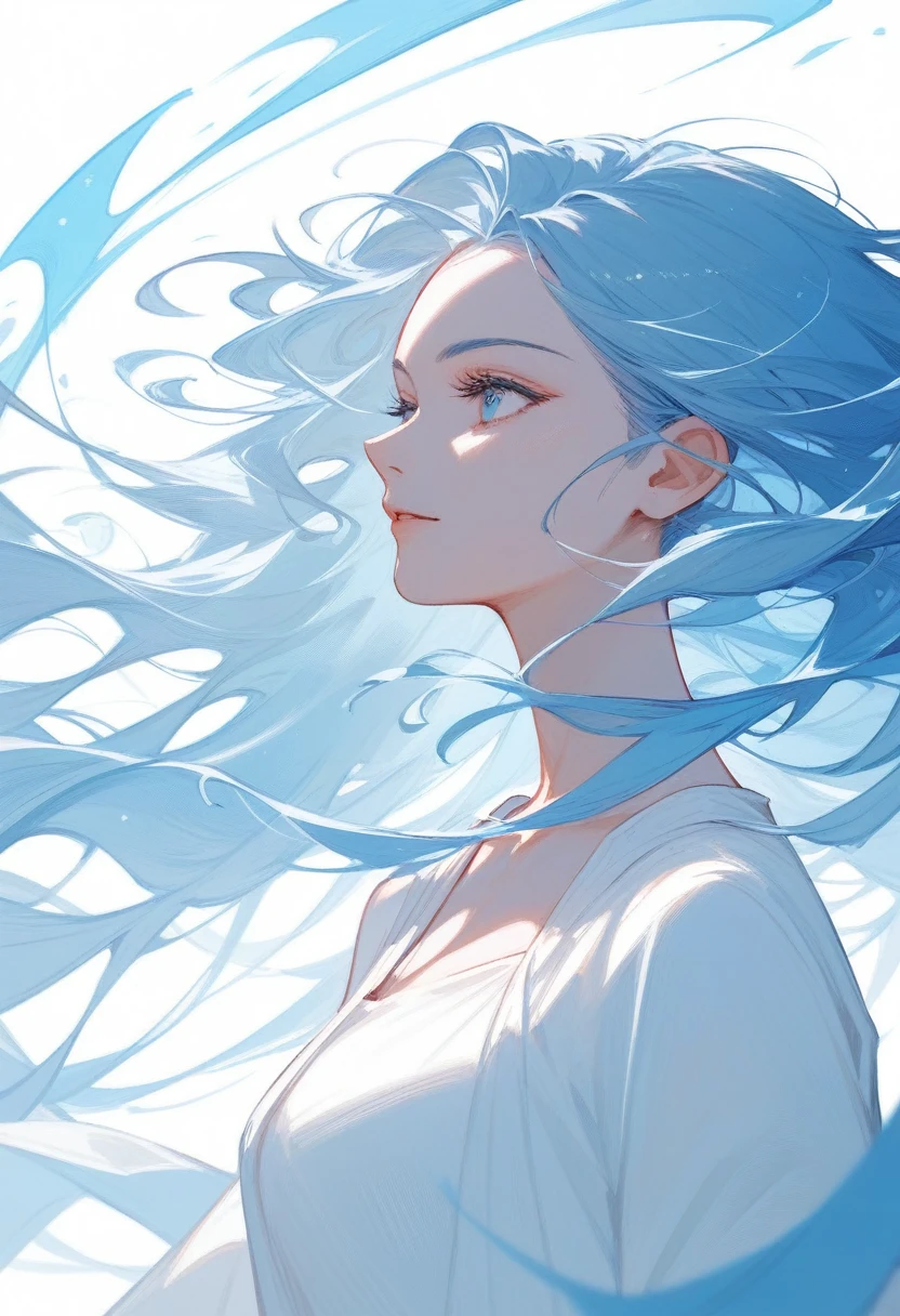 (Fraction_9,Fraction_8_Direction_7_up),1 a woman,(((bust))),Fengshin,Greek mythology,White clothes,Light blue hair,The ability to control the wind,Flowing hair,