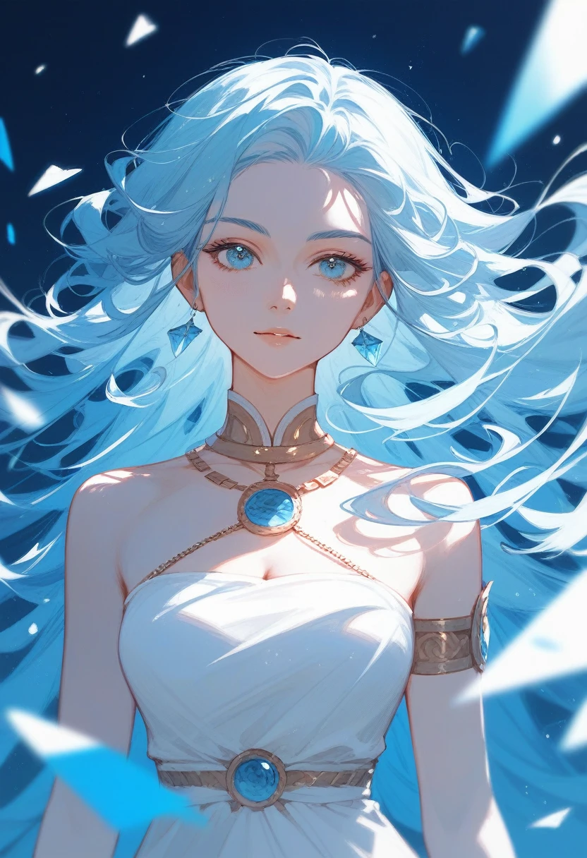 (Fraction_9,Fraction_8_Direction_7_up),1 a woman,(((bust))),Fengshin,Greek mythology,White clothes,Light blue hair,The ability to control the wind,Flowing hair,
